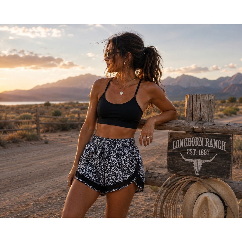 Athleta Printed Mesh Racer Run Shorts 4in XS Black White Abstract Athletic
